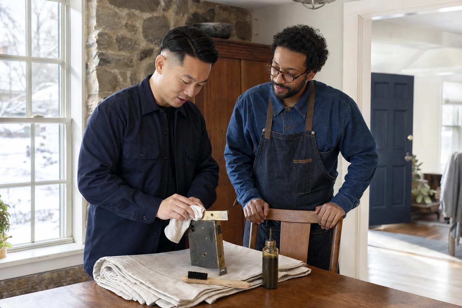 Locksmith cleans an old mortise lock at a farmhouse table as the homeowner watches, snow outside the window