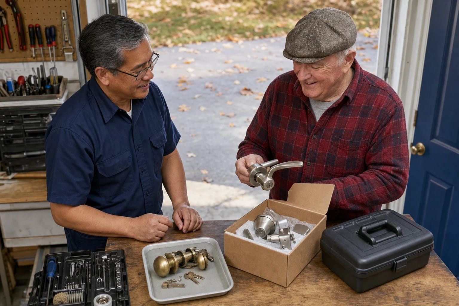 Locksmith and an older homeowner unbox a new lever lockset beside the old brass knob on a garage workbench