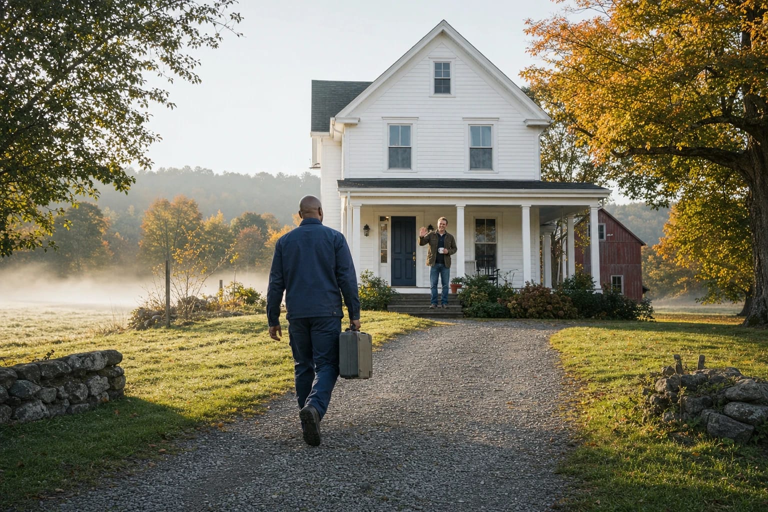 Locksmith carrying a case walks up a gravel drive to a white farmhouse where a man waves from the porch
