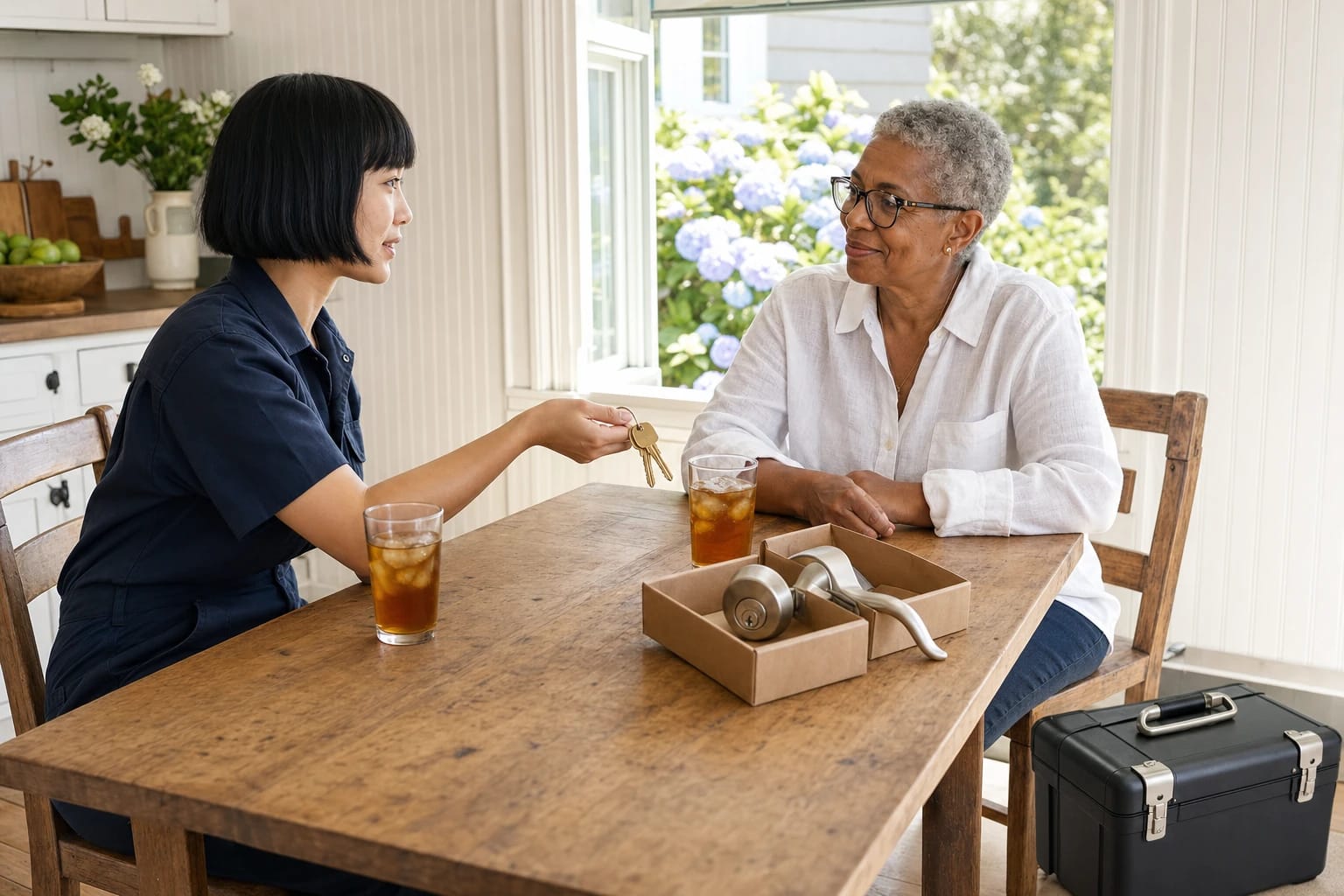 Locksmith hands new keys to a homeowner at a kitchen table with boxed door hardware and iced tea