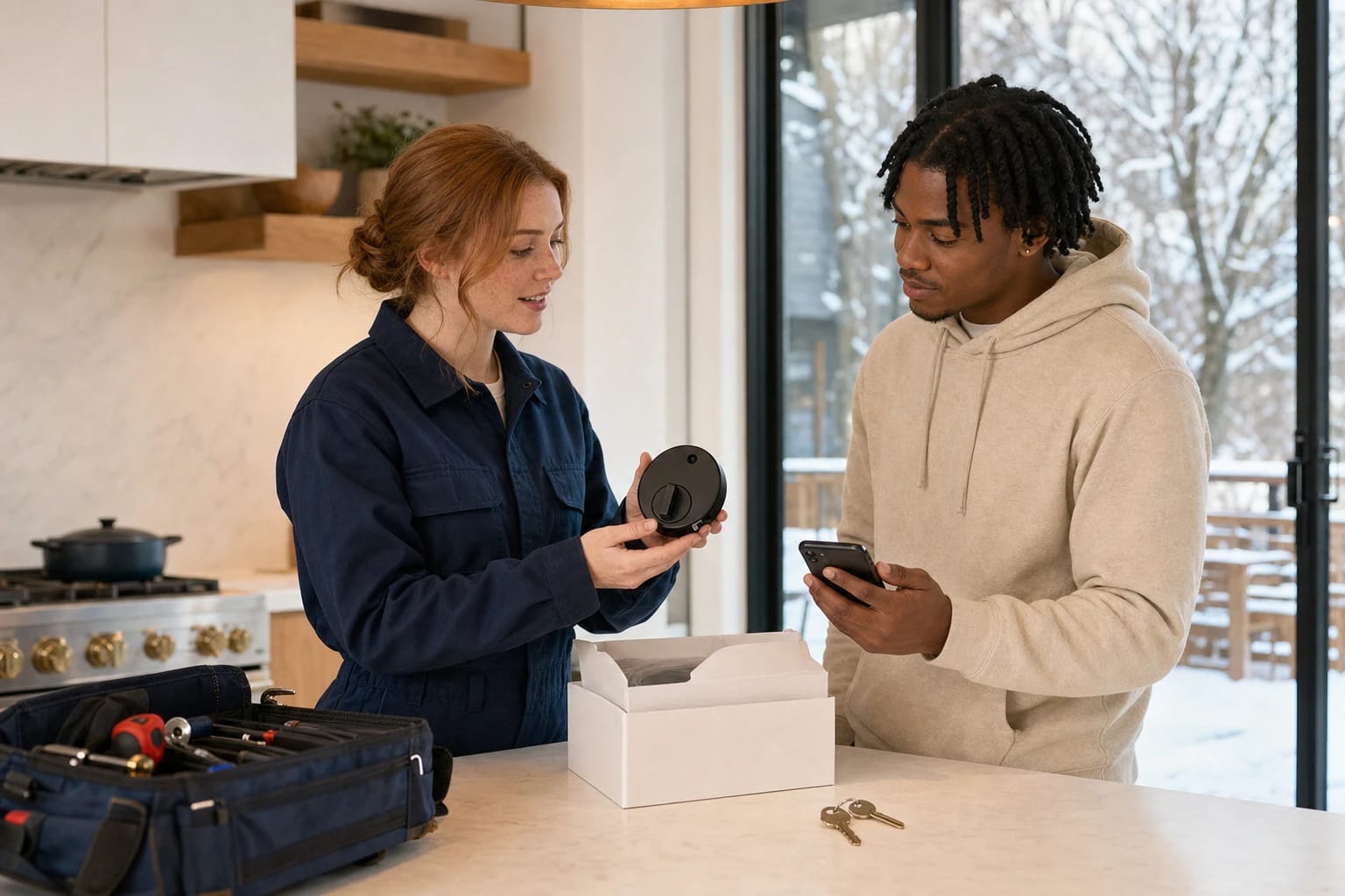 Locksmith holds a black smart lock while a homeowner checks the app on his phone in a kitchen, snow outside