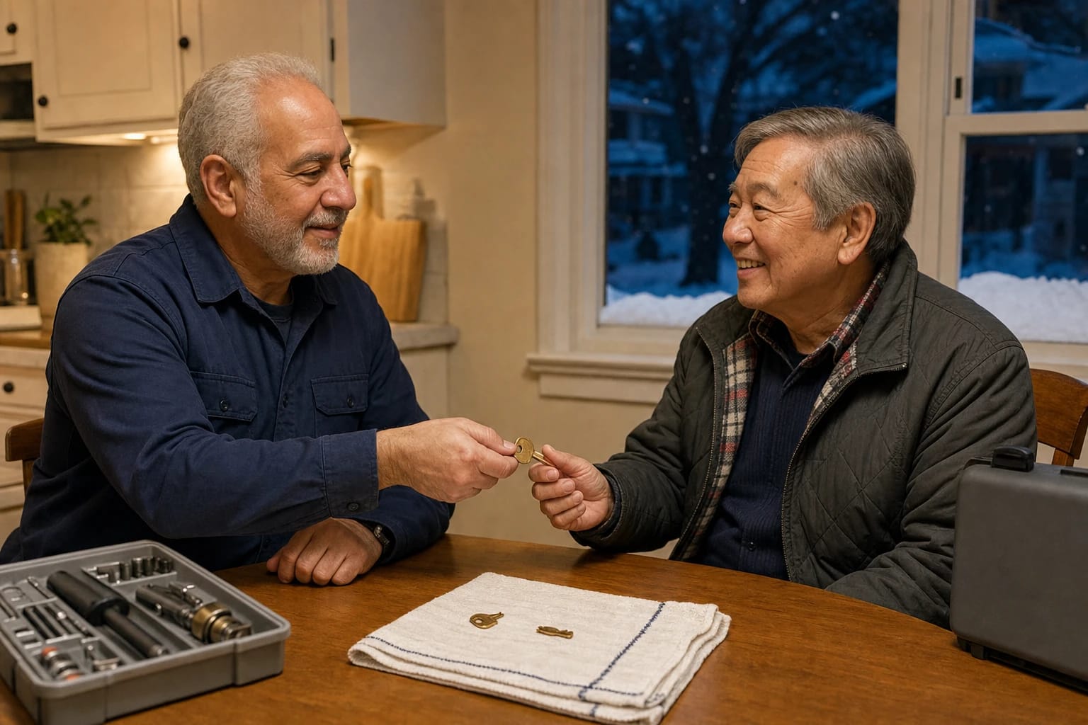 Locksmith hands a key to an older man at a kitchen table with snapped key pieces on a towel, snow outside