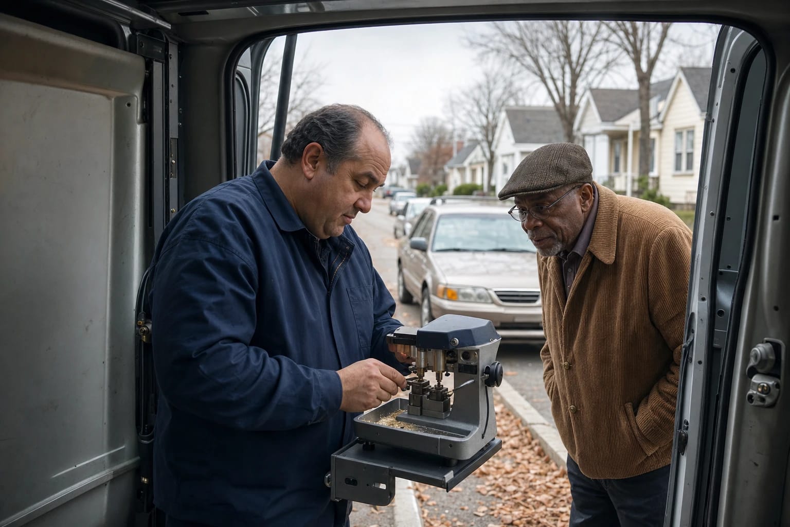 Locksmith cuts a key on a machine inside his van as an older man in a cap watches on a leafy street