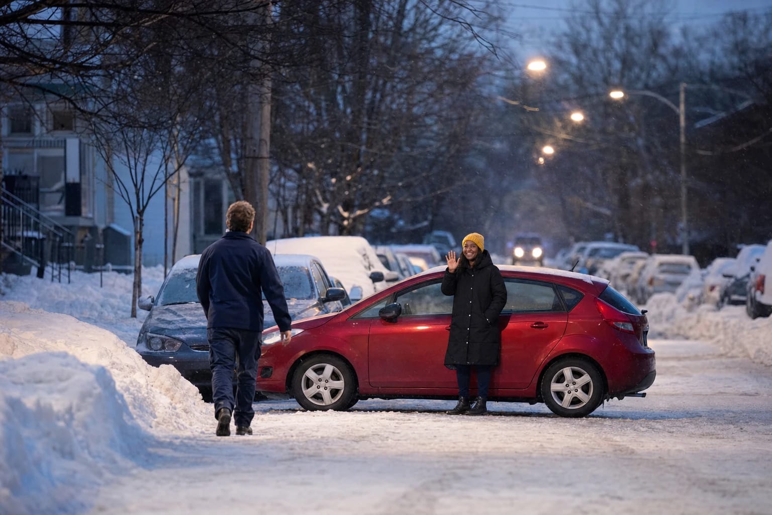 Woman in a yellow hat waves by her red hatchback as a locksmith walks up a snowy street at dusk