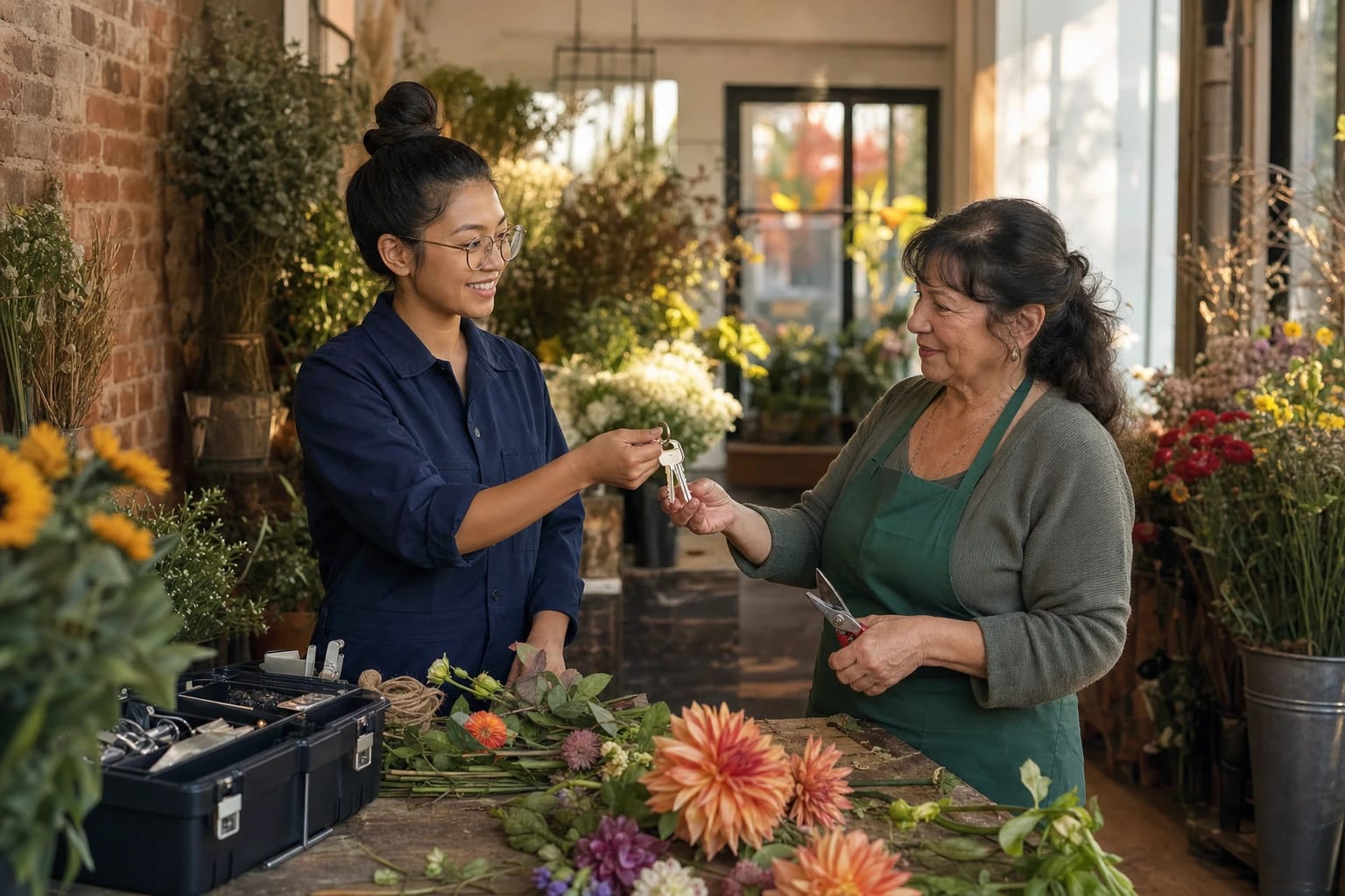 Locksmith hands new keys to a florist at her flower shop counter, autumn trees visible outside