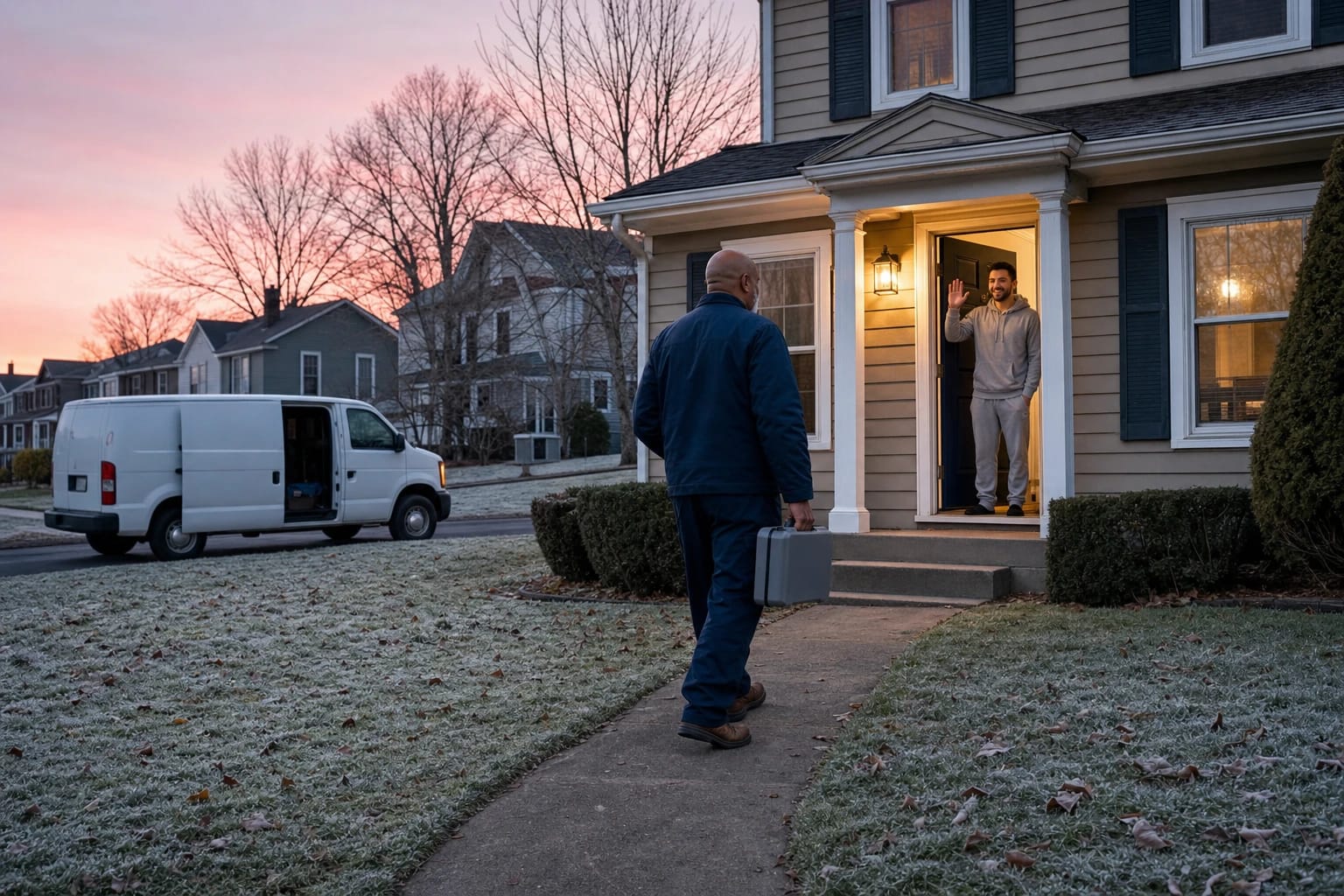 Locksmith carries a case up a frosty front walk at dusk as a man waves from his lit doorway