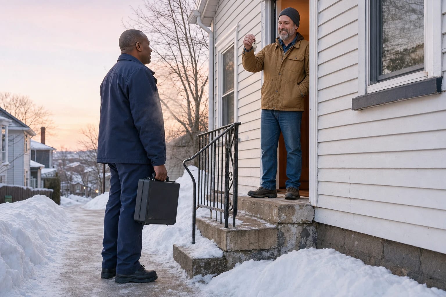 Homeowner in his doorway holds up his keys to a locksmith on a snowy, shoveled walk at dusk