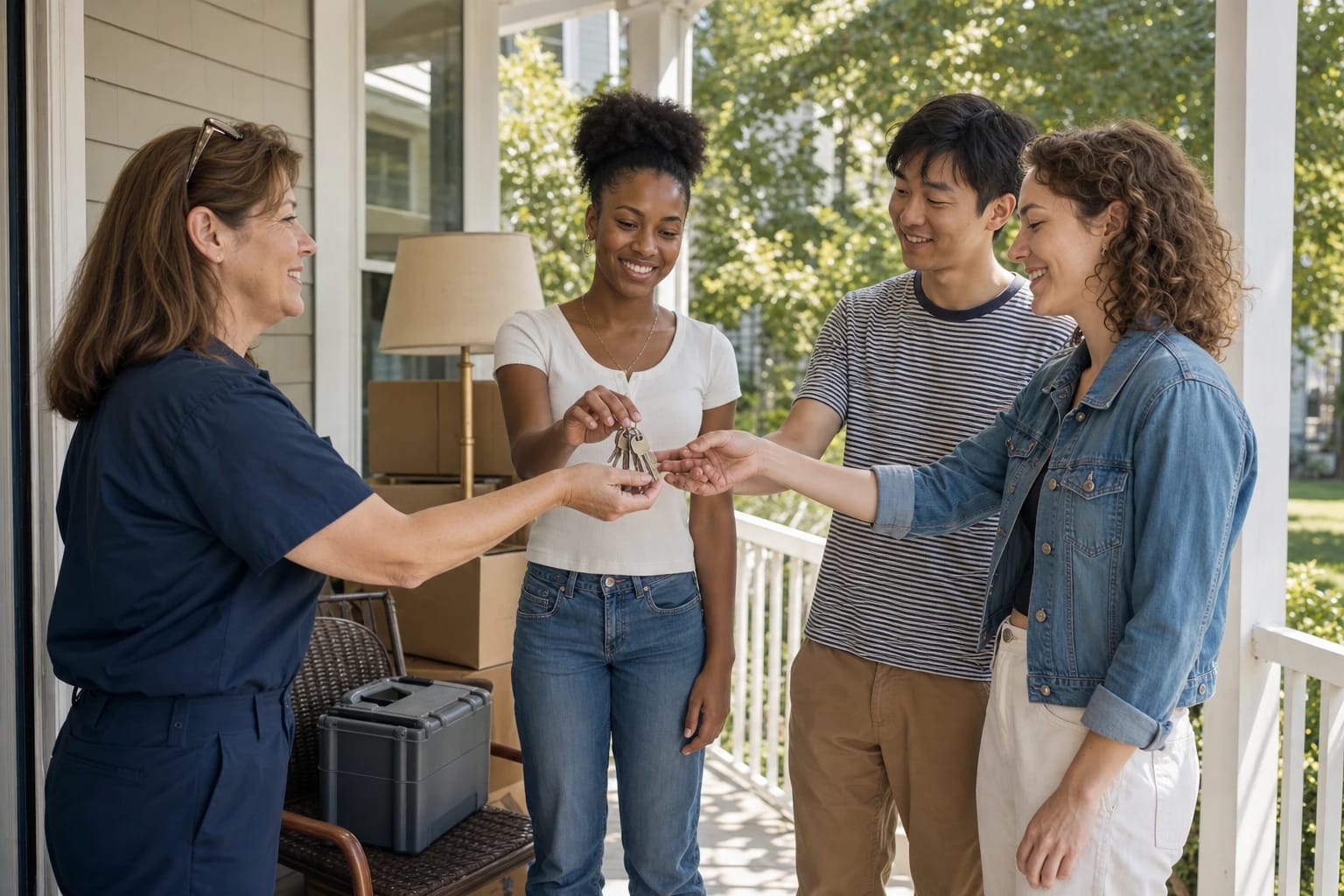 Locksmith hands a ring of new keys to three smiling roommates on a porch with moving boxes