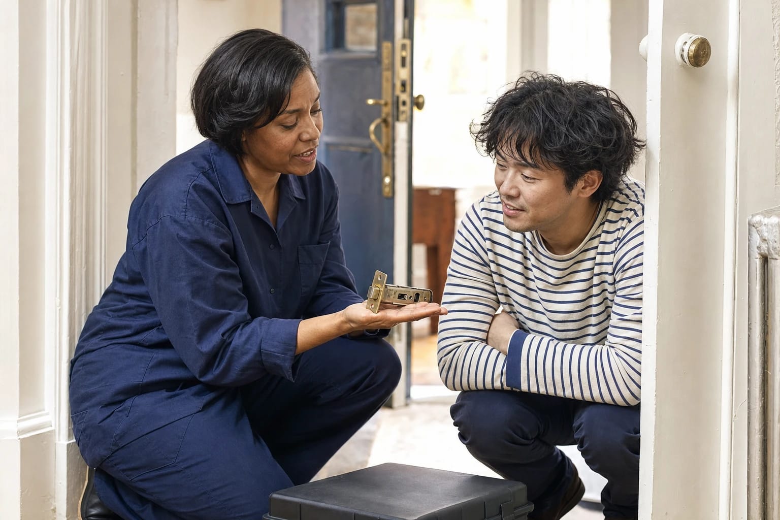 Locksmith shows a brass mortise latch in her palm to a crouching homeowner in an entry hall