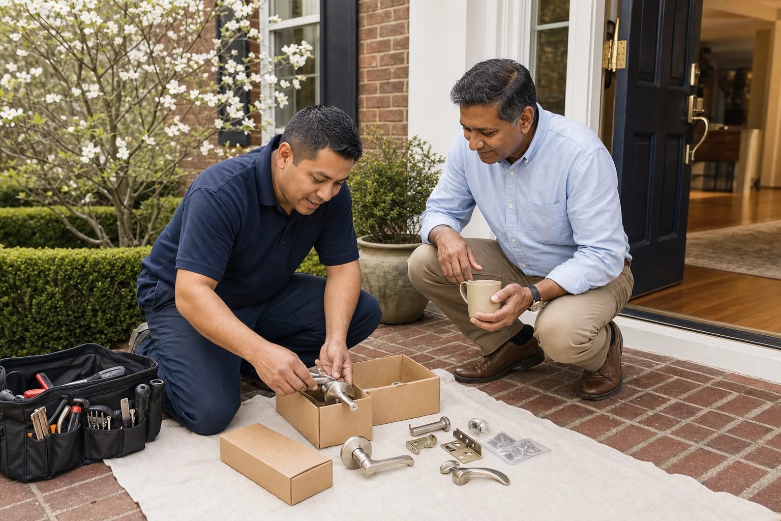 Locksmith unboxes a new lever lockset on a drop cloth as a homeowner with a mug watches at the front door