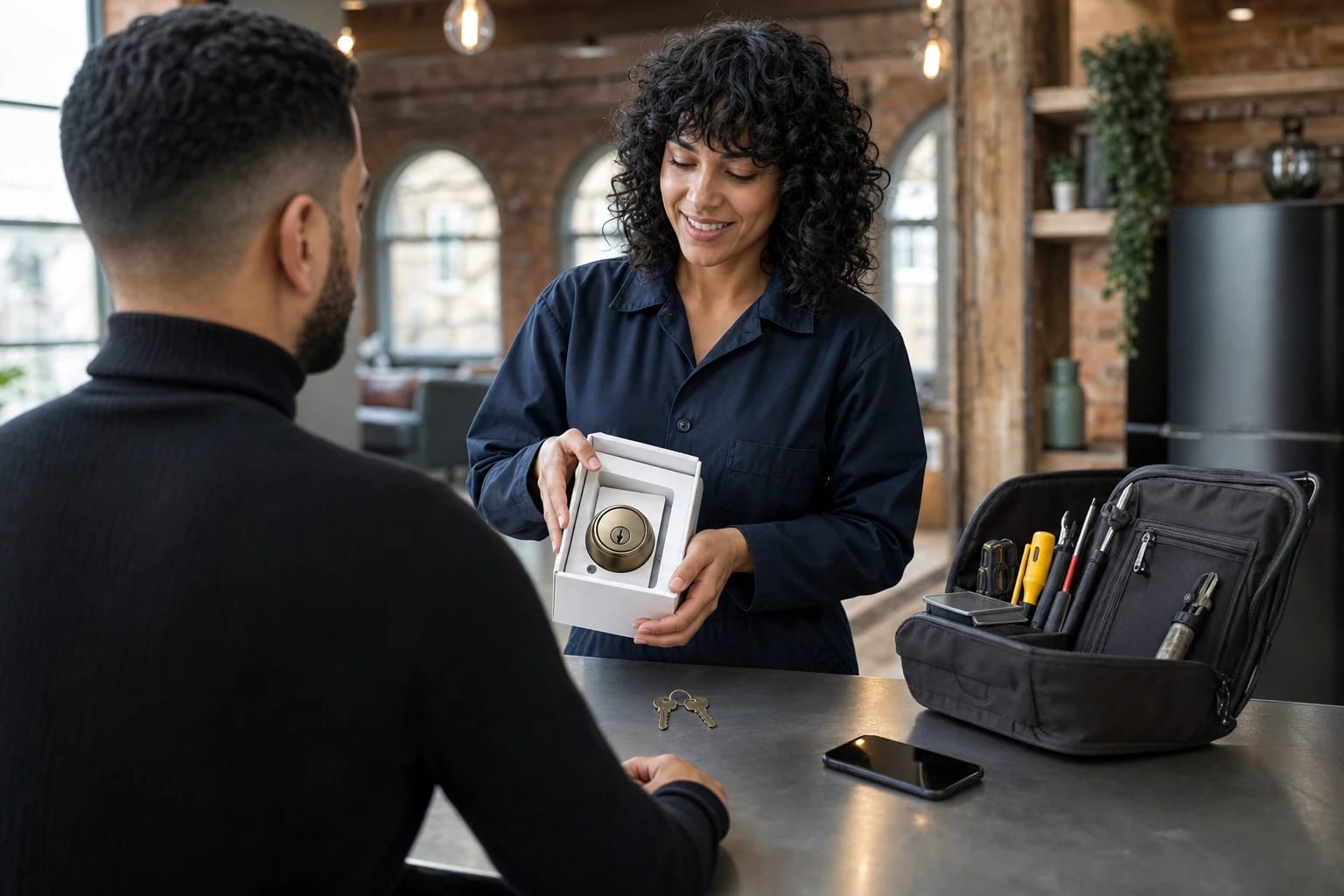 Locksmith in navy uniform shows a boxed brass deadbolt to a customer at a counter in a brick-walled loft