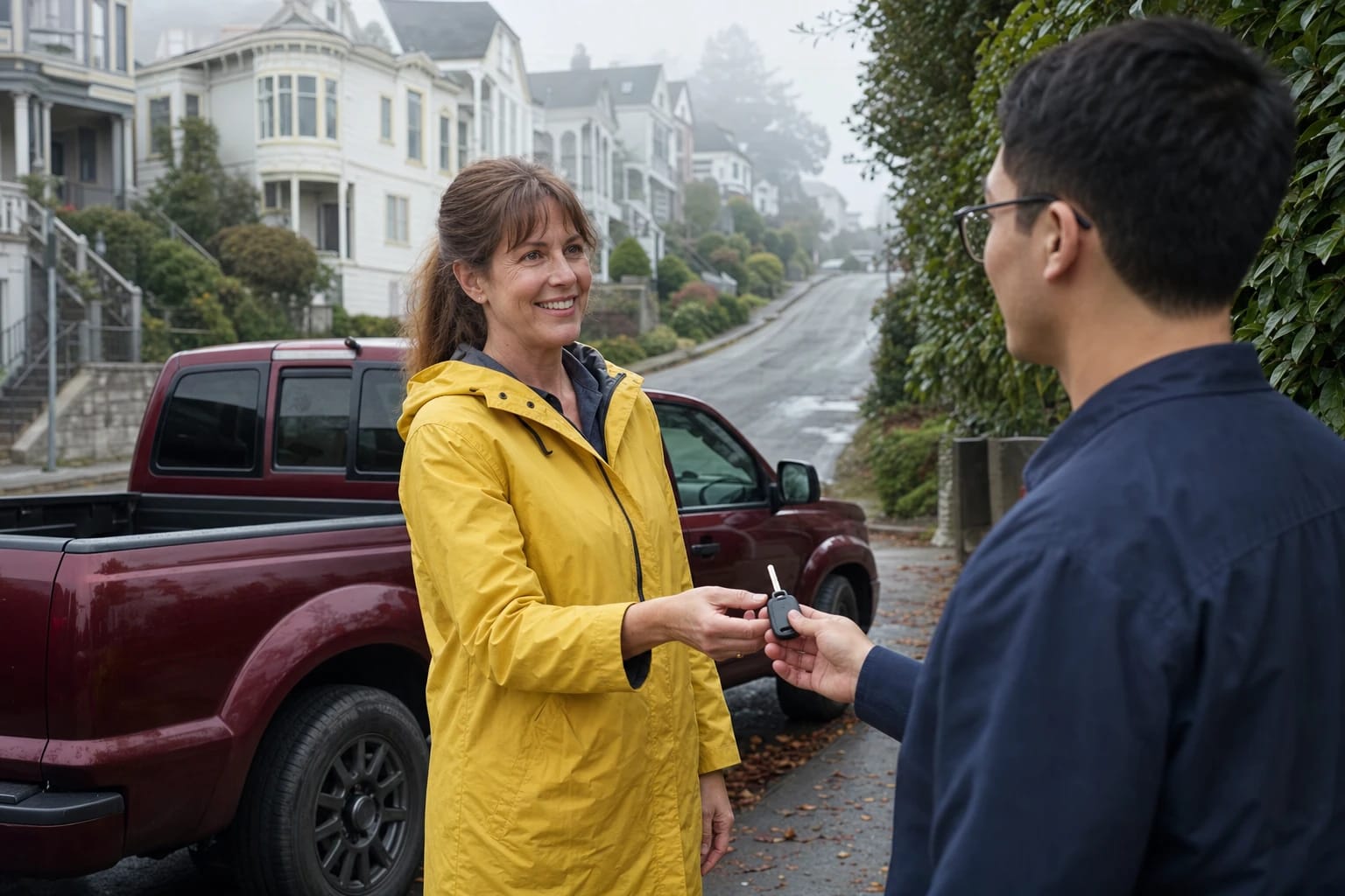 Locksmith hands a new car key to a woman in a yellow raincoat beside a red pickup on a foggy hillside street
