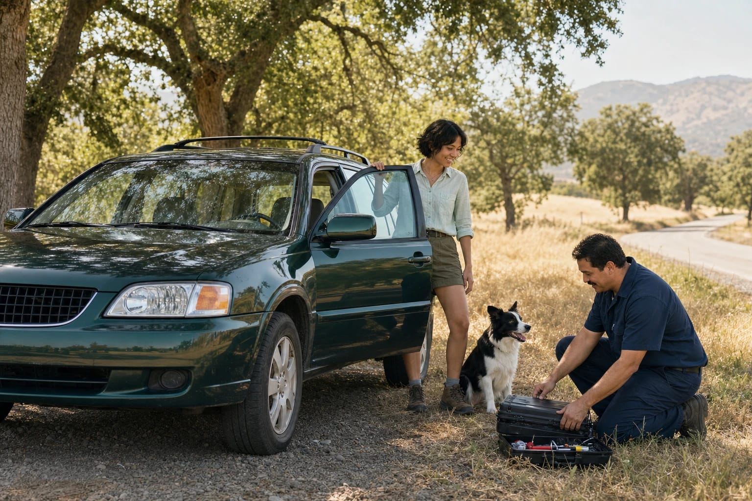 Locksmith opens a tool case beside a green car as the owner and her dog wait by the open door on a rural road