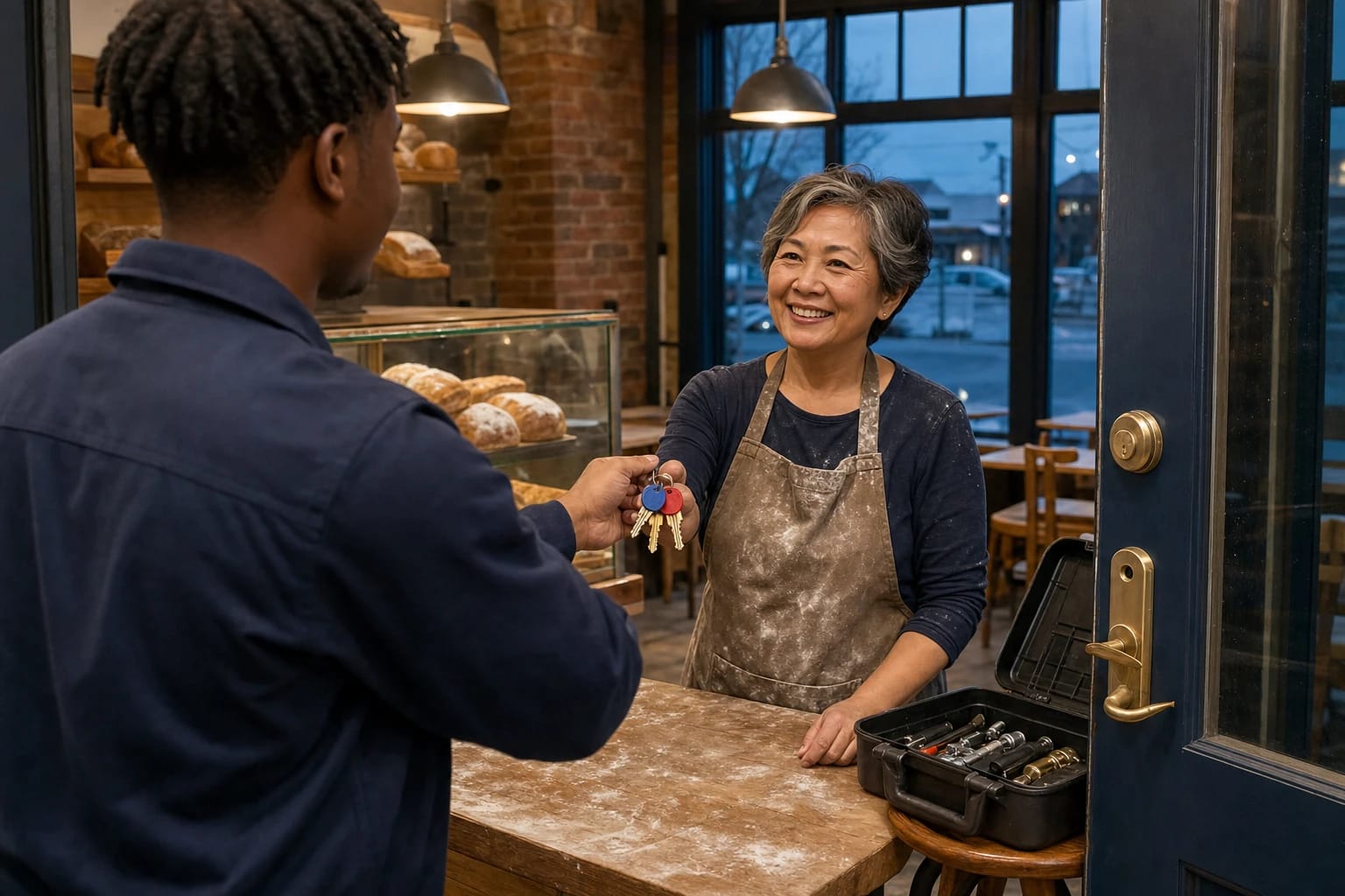 Locksmith hands a ring of new keys to a smiling bakery owner at the counter at dusk