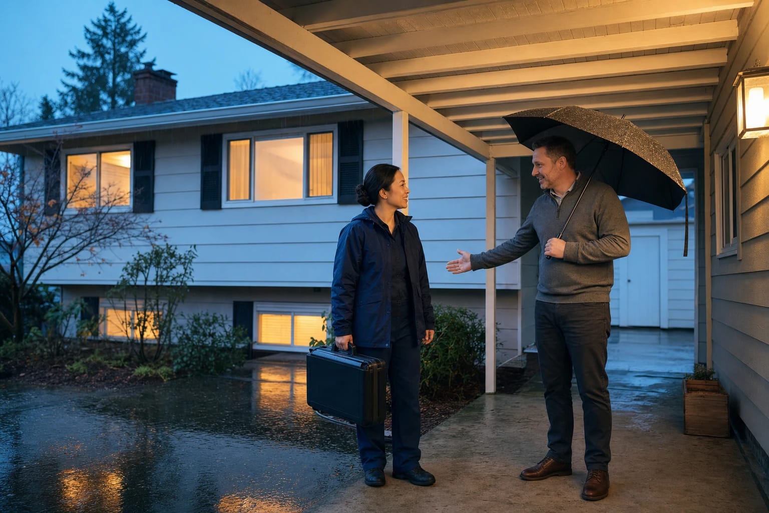 Homeowner under a porch roof welcomes a locksmith carrying a tool case on a rainy evening