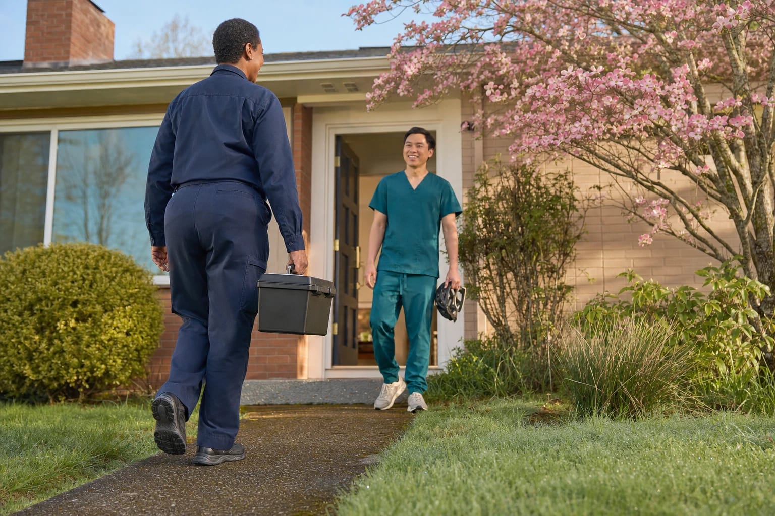 Locksmith with a toolbox walks up a front path as a smiling homeowner steps out of a brick ranch house