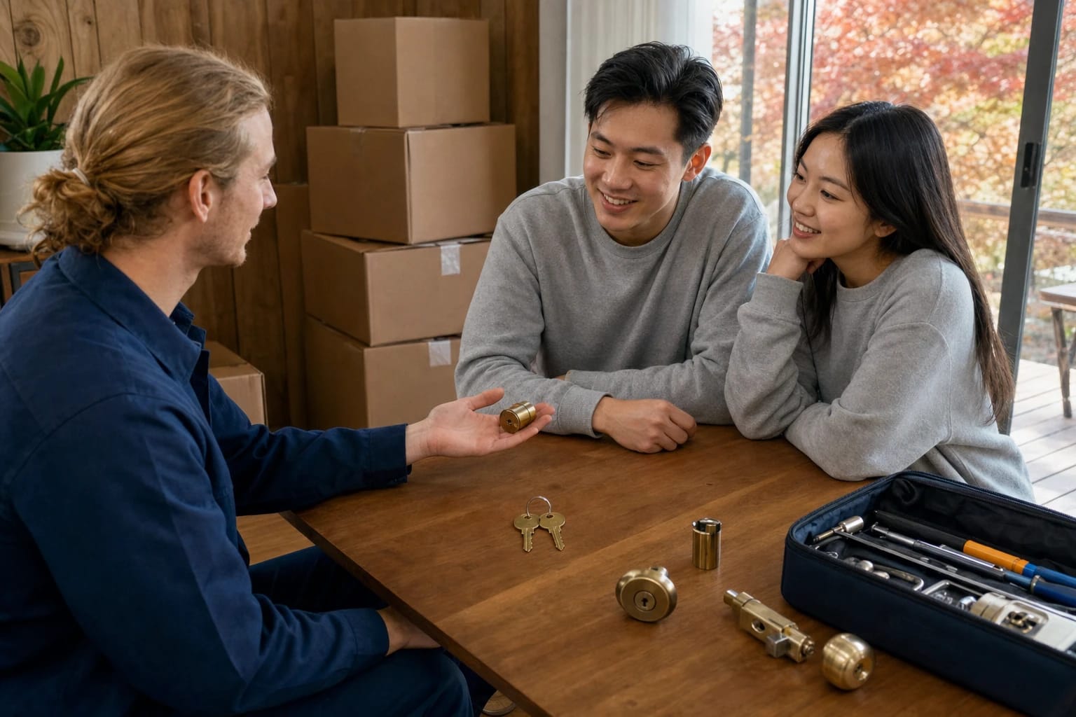 Locksmith shows a removed brass lock cylinder and new keys to a couple at a table among moving boxes