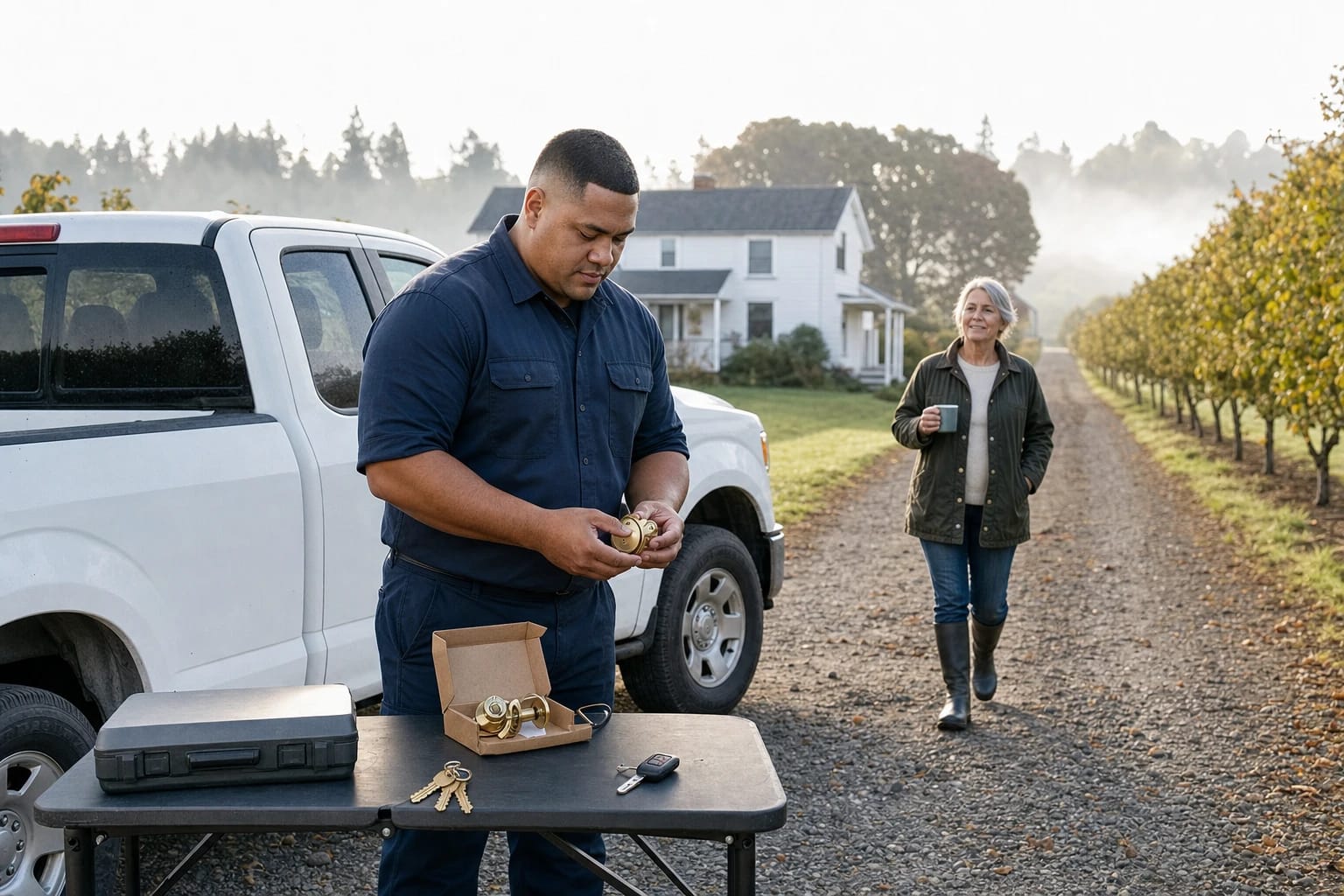 Locksmith checks a brass deadbolt at a folding table by his truck on a misty farm lane as the homeowner walks up