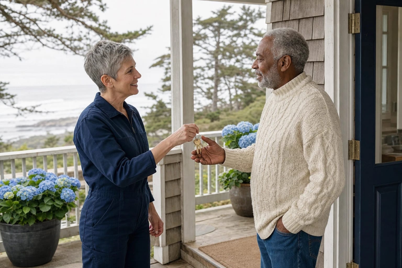 Locksmith hands keys to an older man on a shingled porch with hydrangeas and an ocean view