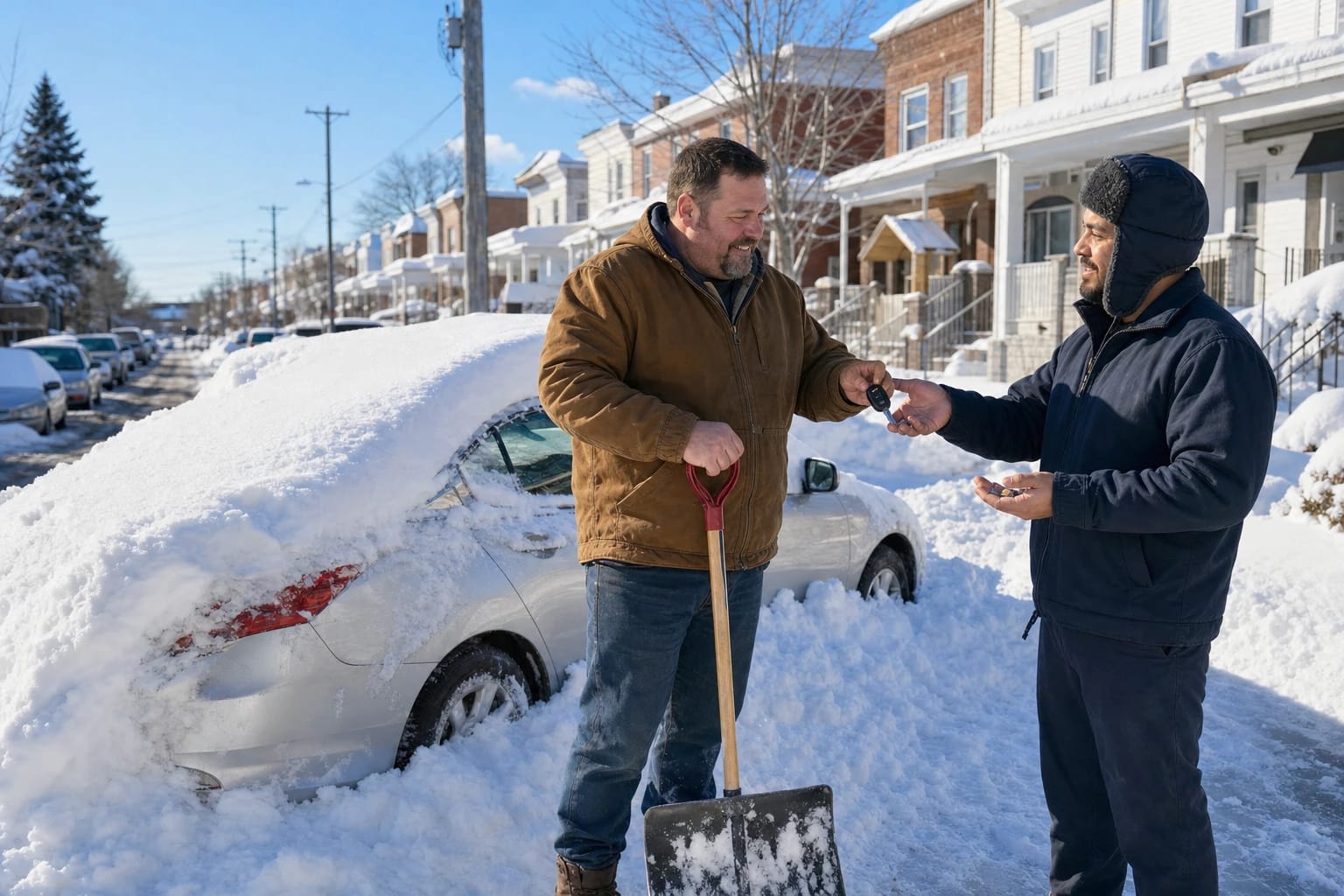 Two men swap a car key beside a snow-buried sedan on a rowhouse street; one holds broken key pieces