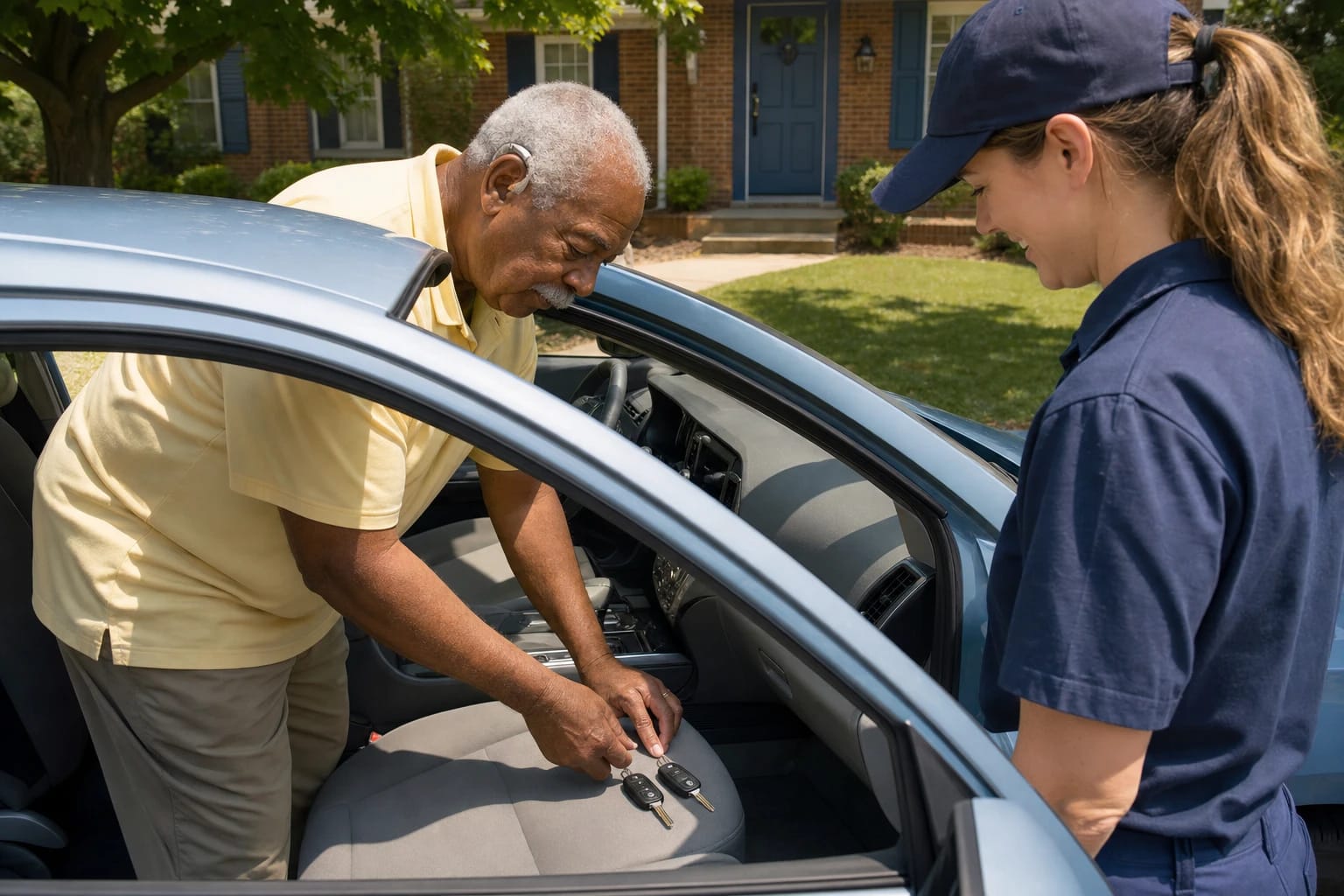 Older man places two new flip keys on his car seat while a technician watches outside a brick home