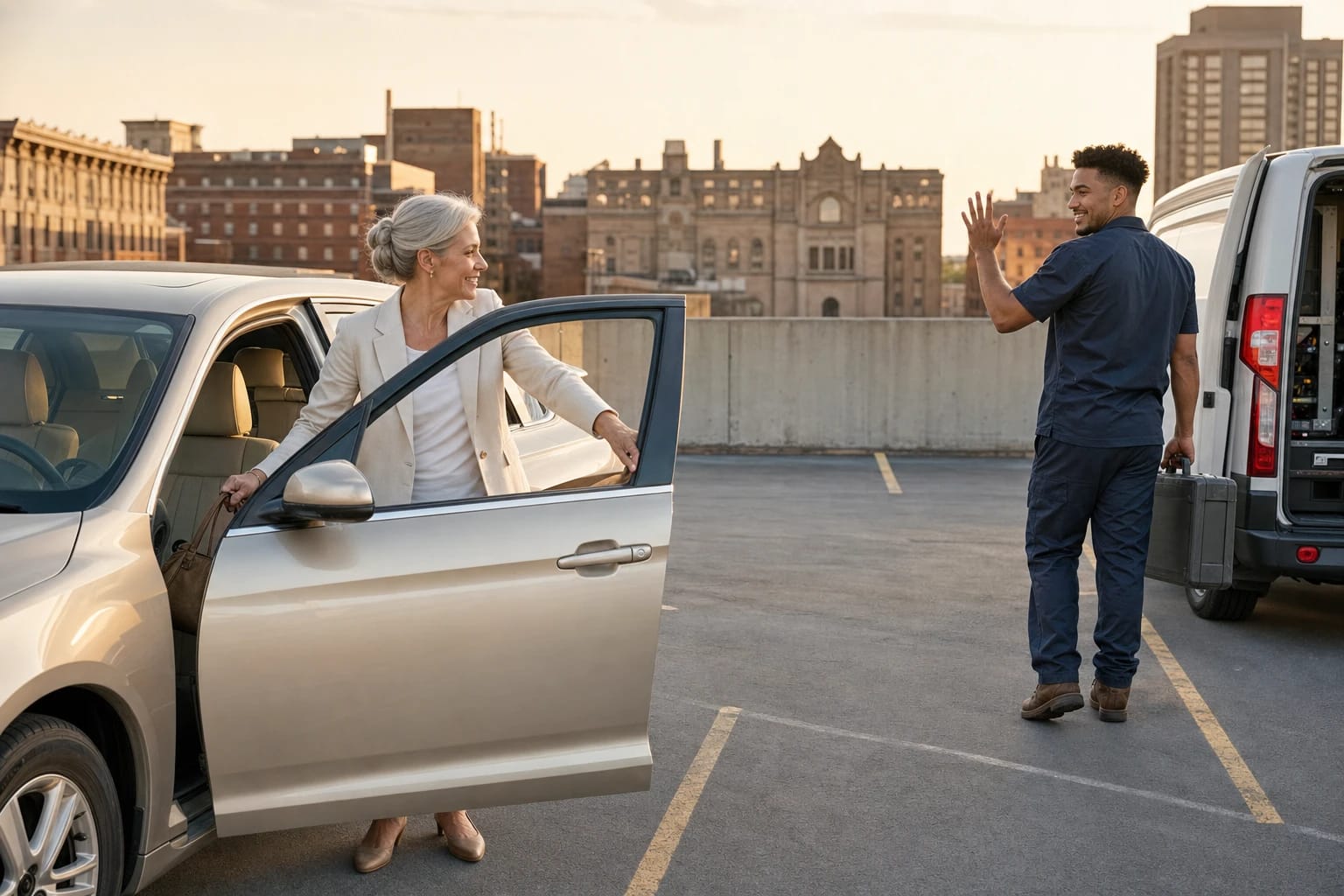 Woman opens her car door on a rooftop lot as a technician waves and walks back to his van