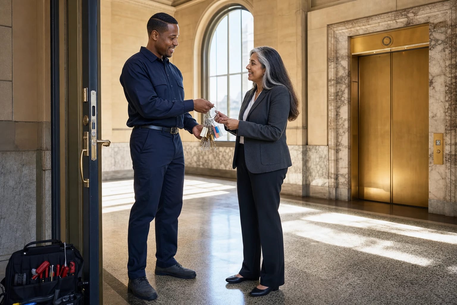 Technician hands a ring of tagged keys to a businesswoman in a marble building lobby