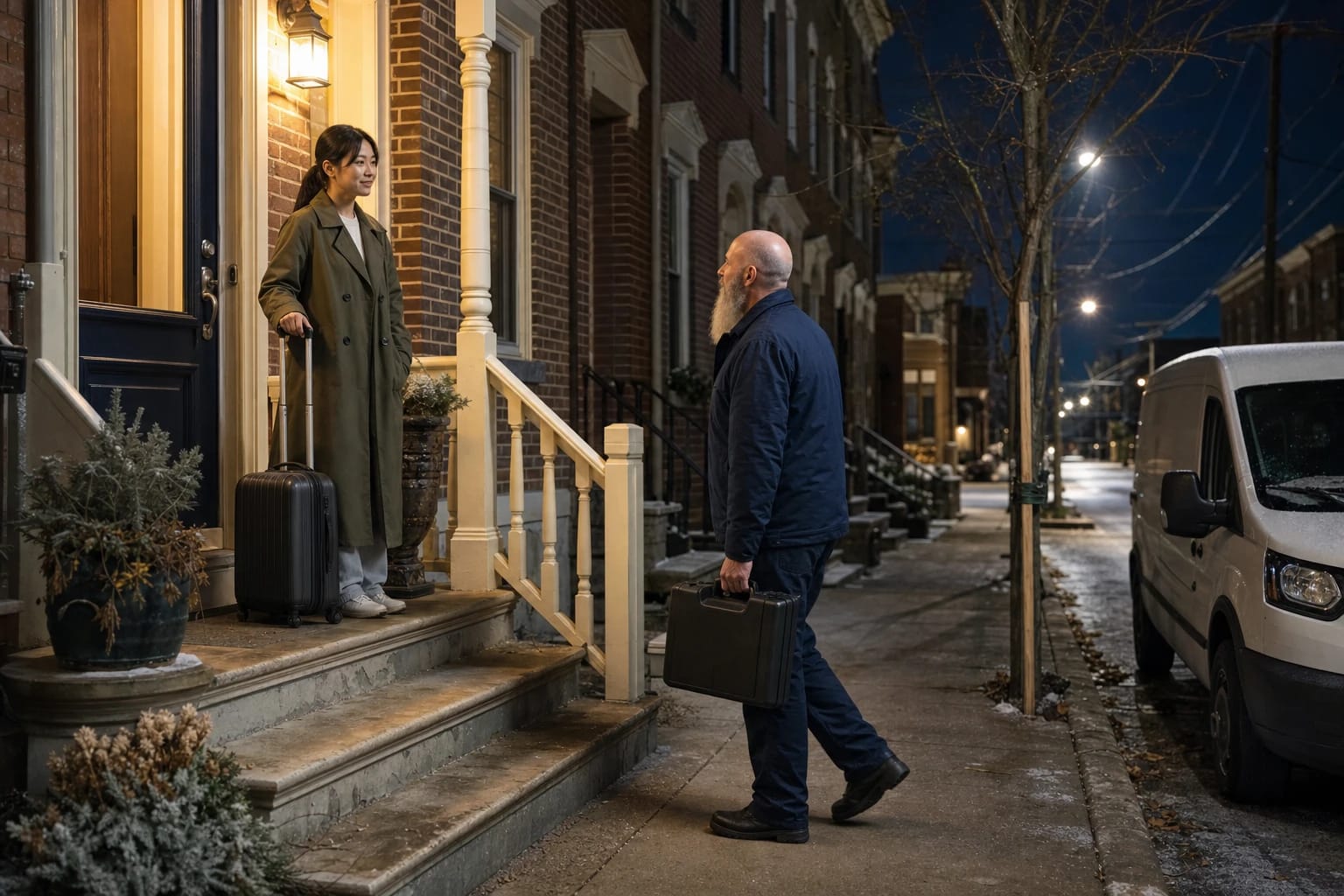 Technician with a case walks up to a woman with a suitcase on a brick rowhouse stoop at night