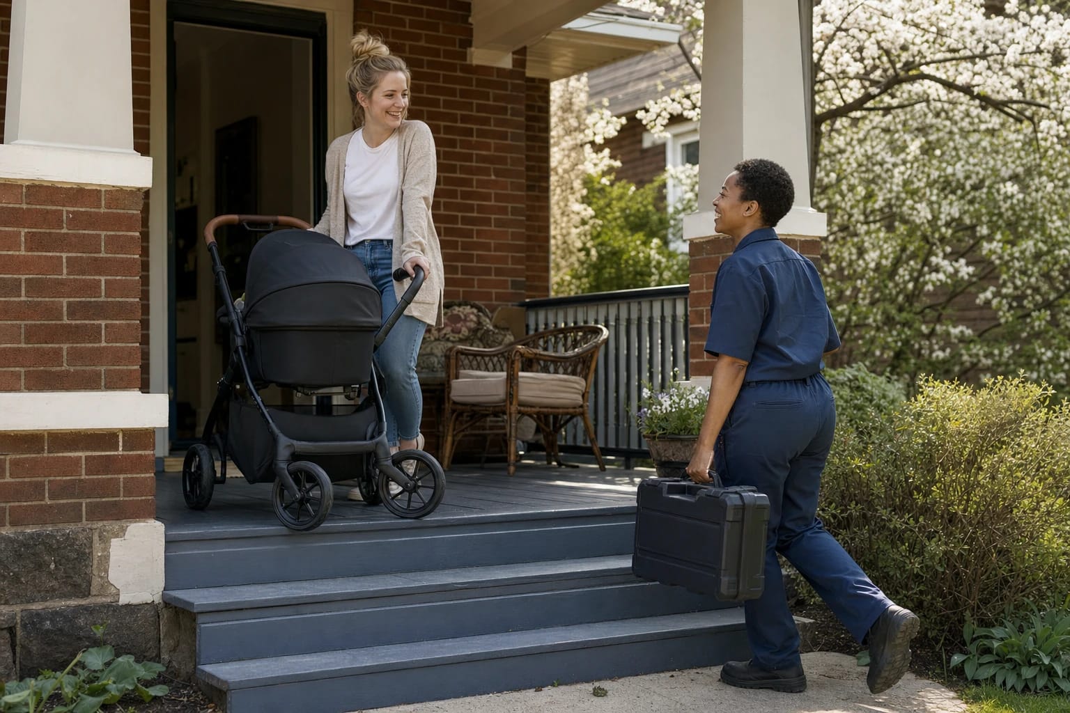 Locksmith with a tool case walks up to a brick porch where a mother stands with a stroller