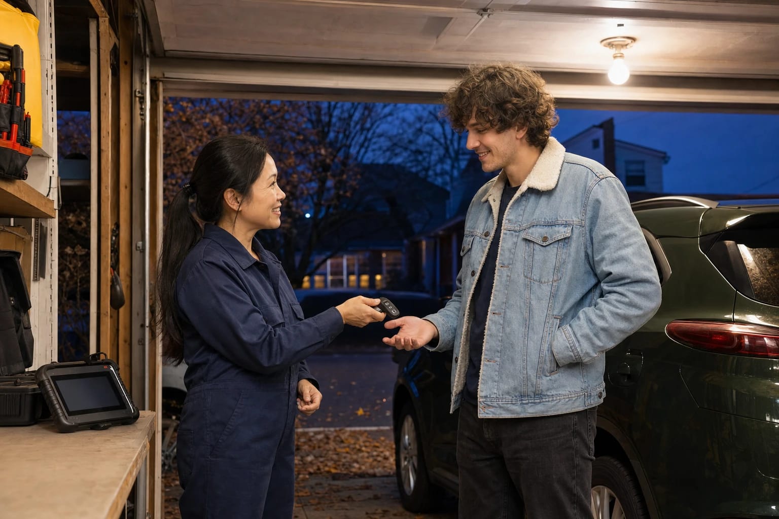 Technician hands a key fob to a young man in a lit home garage with a programming tablet on the bench