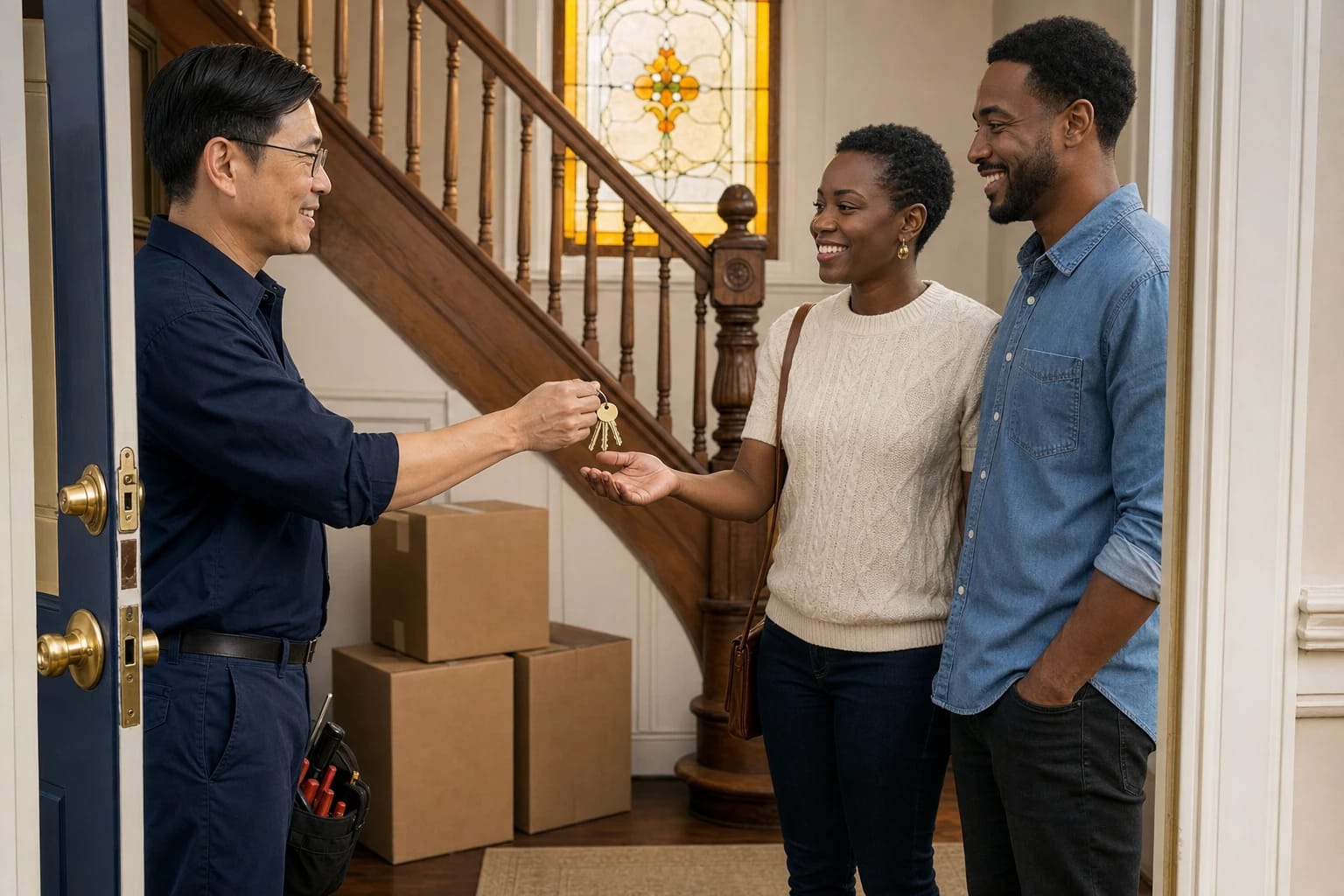 Locksmith hands new brass keys to a couple in the foyer of their home with moving boxes