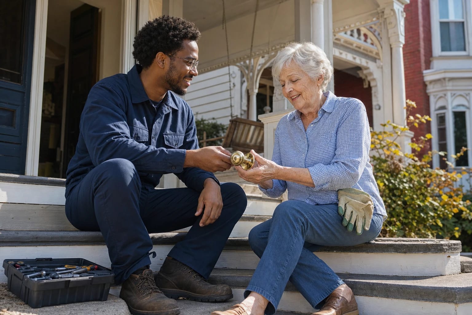 Locksmith and an older homeowner sit on porch steps looking at a repaired brass doorknob