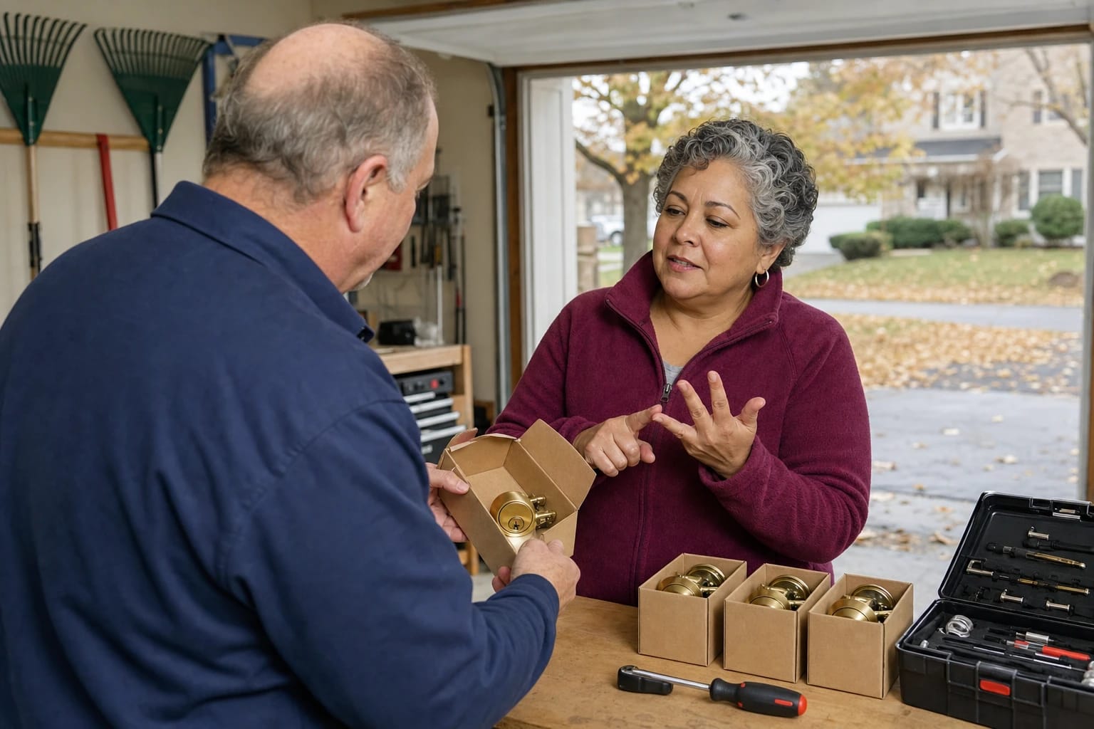 Locksmith shows a homeowner new boxed brass locksets on a garage workbench, autumn leaves outside