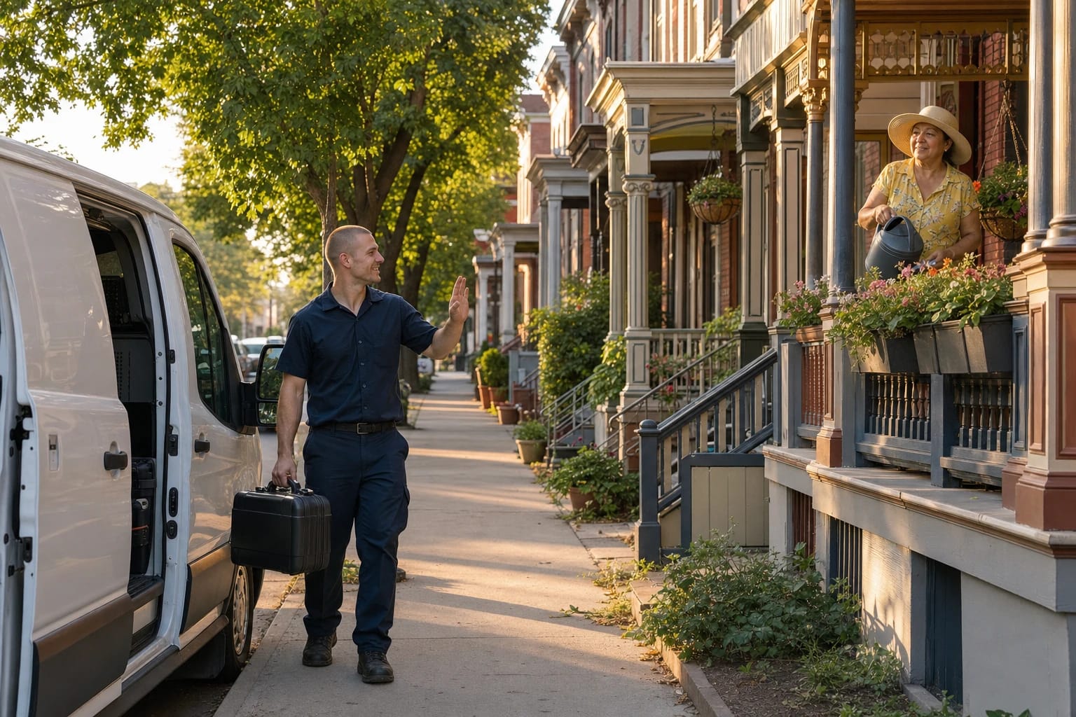 Locksmith carrying a tool case waves to a neighbor on the porch of a Victorian rowhouse street