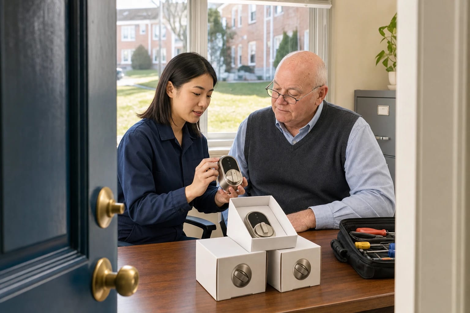 Technician shows a smart deadbolt to an older man at an office desk with boxed locks and a tool case