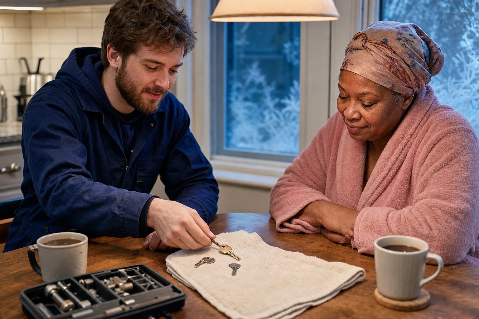 Technician sets out keys on a towel at a kitchen table beside a woman in a robe, frost on the window