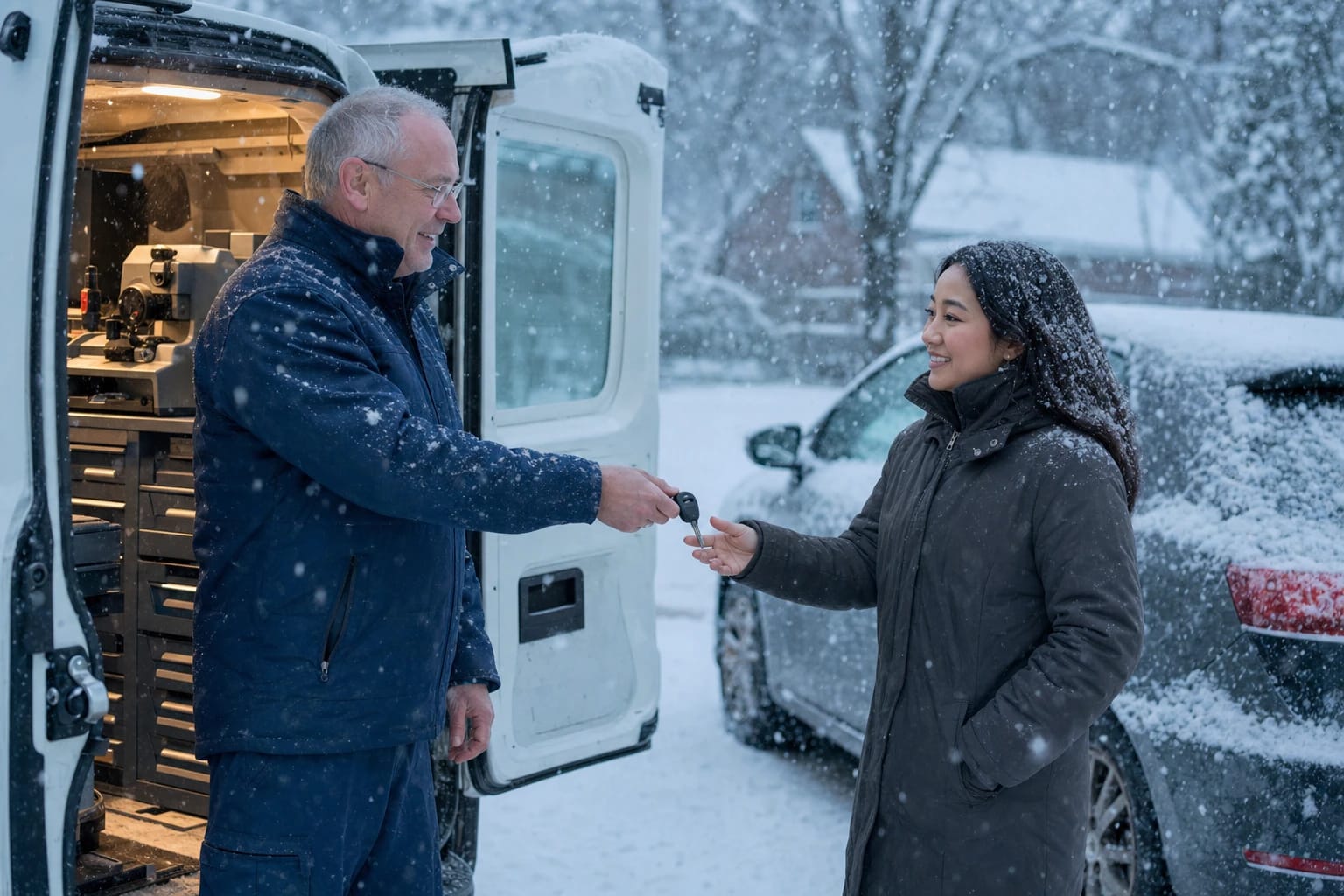 Locksmith at his open van hands a new car key to a smiling woman during heavy snowfall