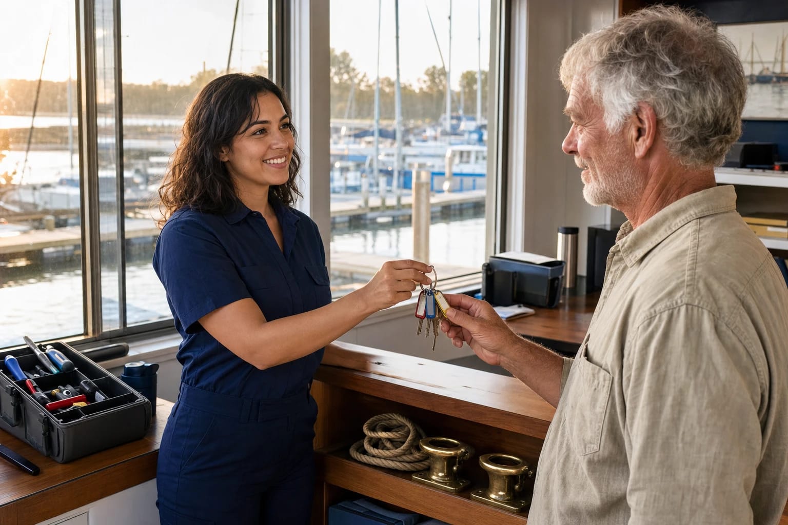 Locksmith hands a ring of tagged keys to a man at a marina office counter