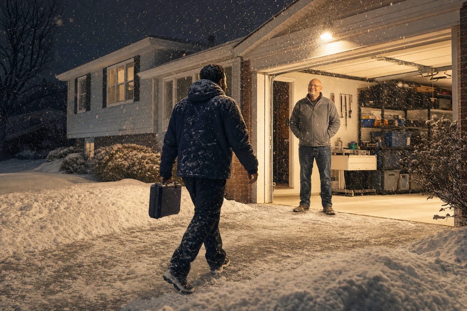 Locksmith carrying a case walks up a snowy driveway at night toward a homeowner in a lit garage