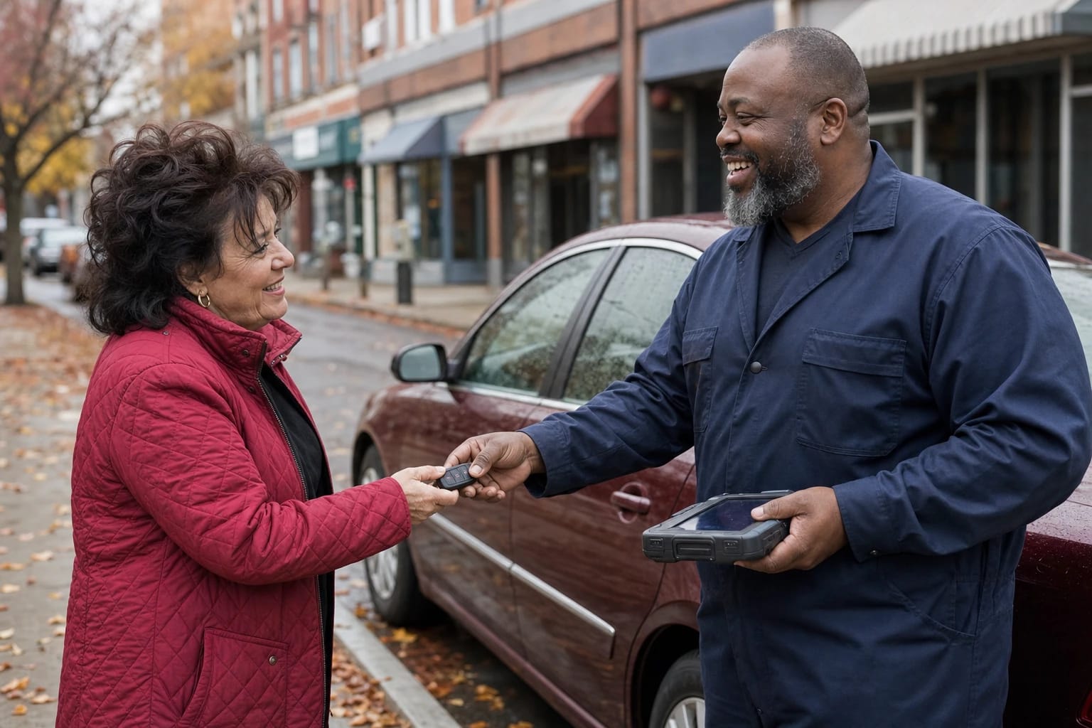 Locksmith holding a programming tablet hands a key fob to a woman beside her car on an autumn street