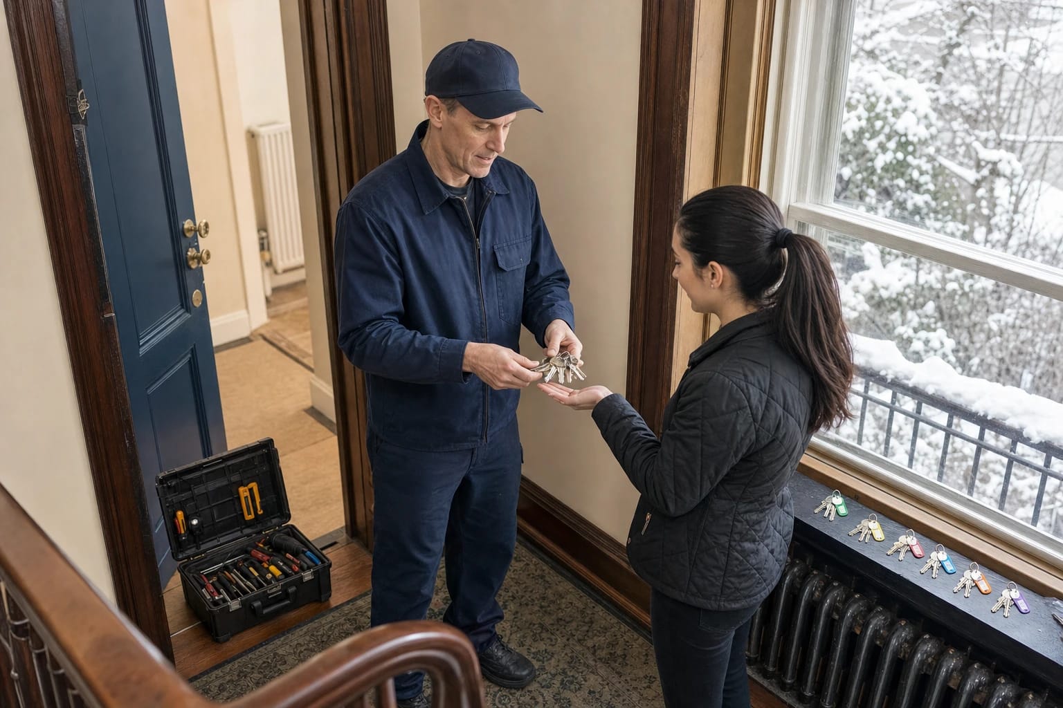 Technician hands new keys to a woman in a home entry, tagged key sets on the sill and snow outside