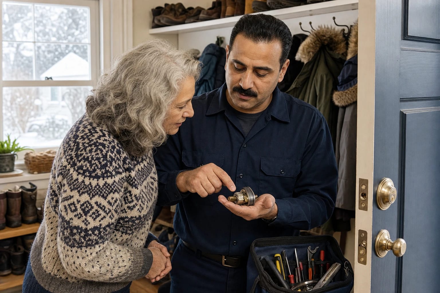 Technician shows a lock cylinder part to an older woman in a mudroom while snow falls outside