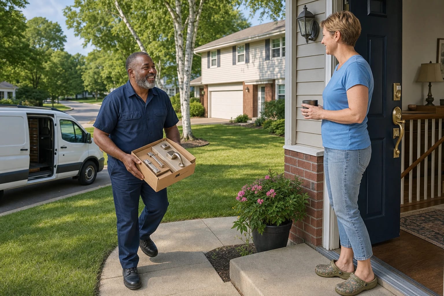 Technician carries a box of new door hardware up the walk to a woman at her front door