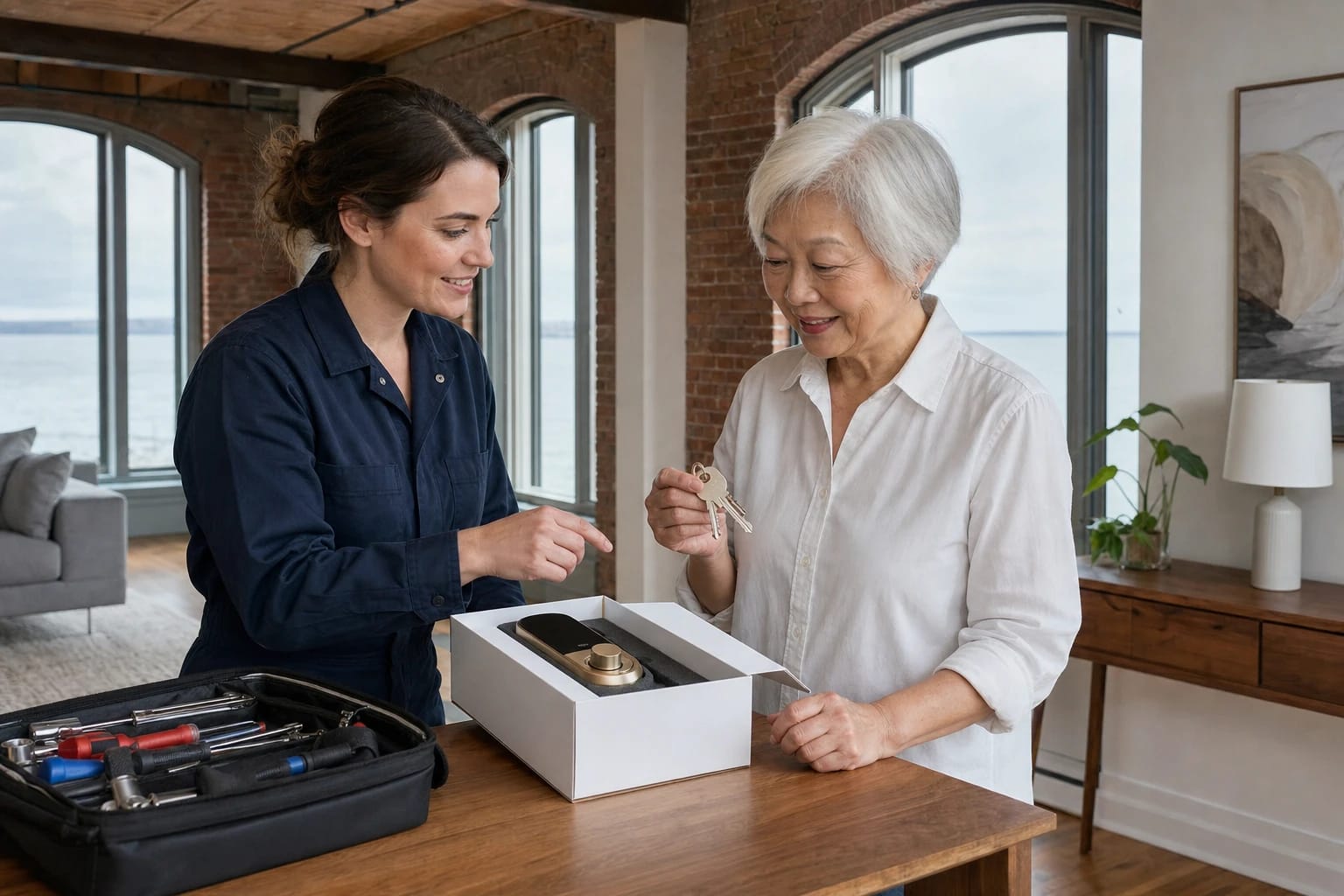 Technician points to a boxed smart lock as an older woman holds her old keys in a waterfront loft