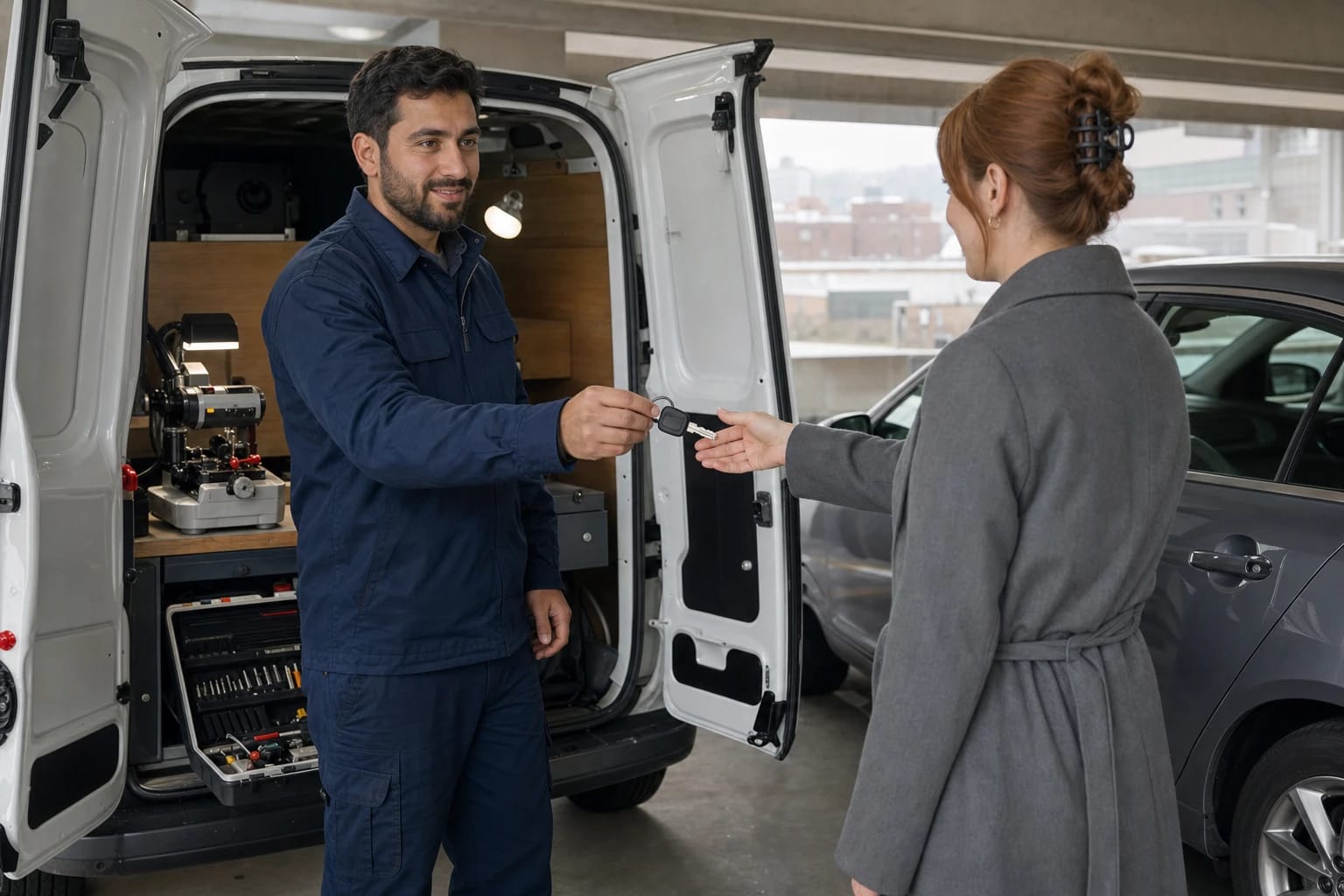 Locksmith at a van with a key-cutting machine hands a new car key to a woman in a parking garage