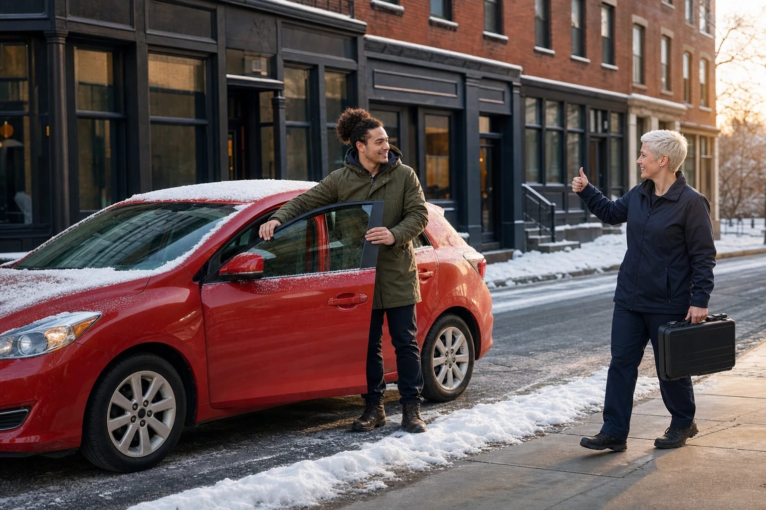Driver opens his red hatchback on a snowy city street as a locksmith with a case gives a thumbs up