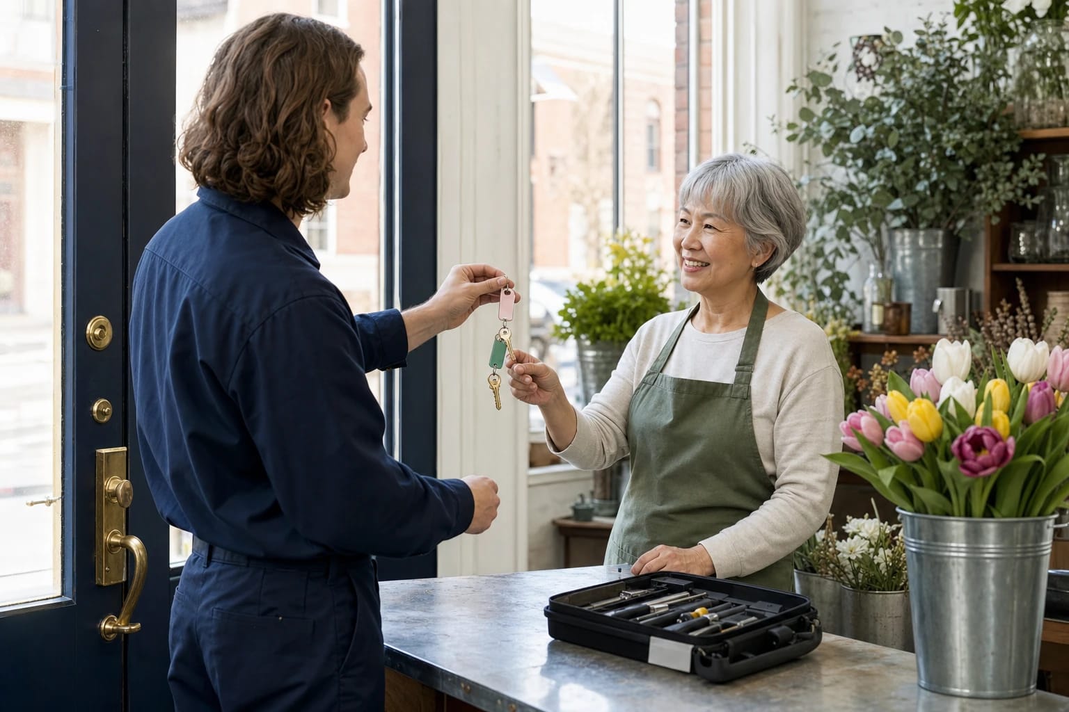Locksmith hands tagged keys to a smiling florist at the counter of her flower shop