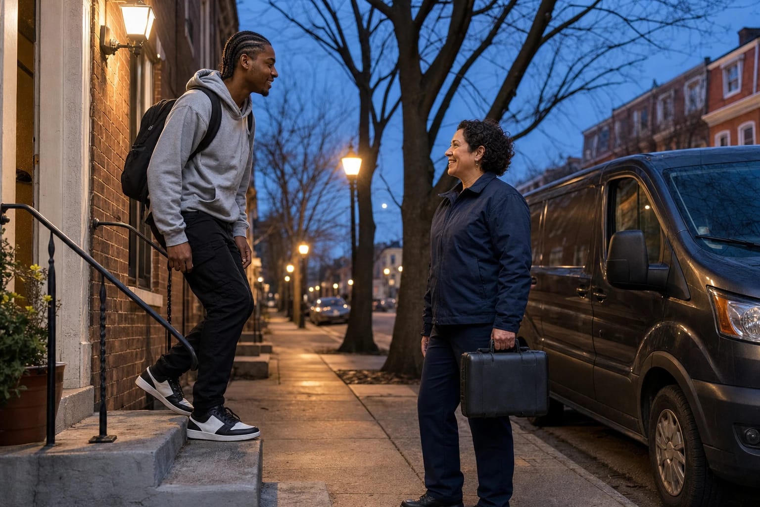 Locksmith with a case greets a young man climbing his rowhouse steps on a lamplit street at night