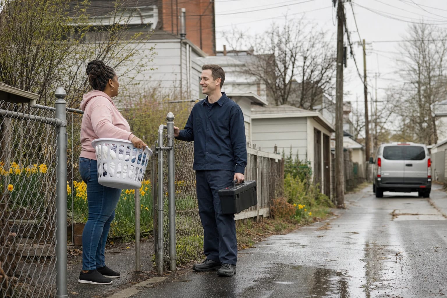 Locksmith with a toolbox opens a backyard chain-link gate for a woman holding a laundry basket in a rainy alley