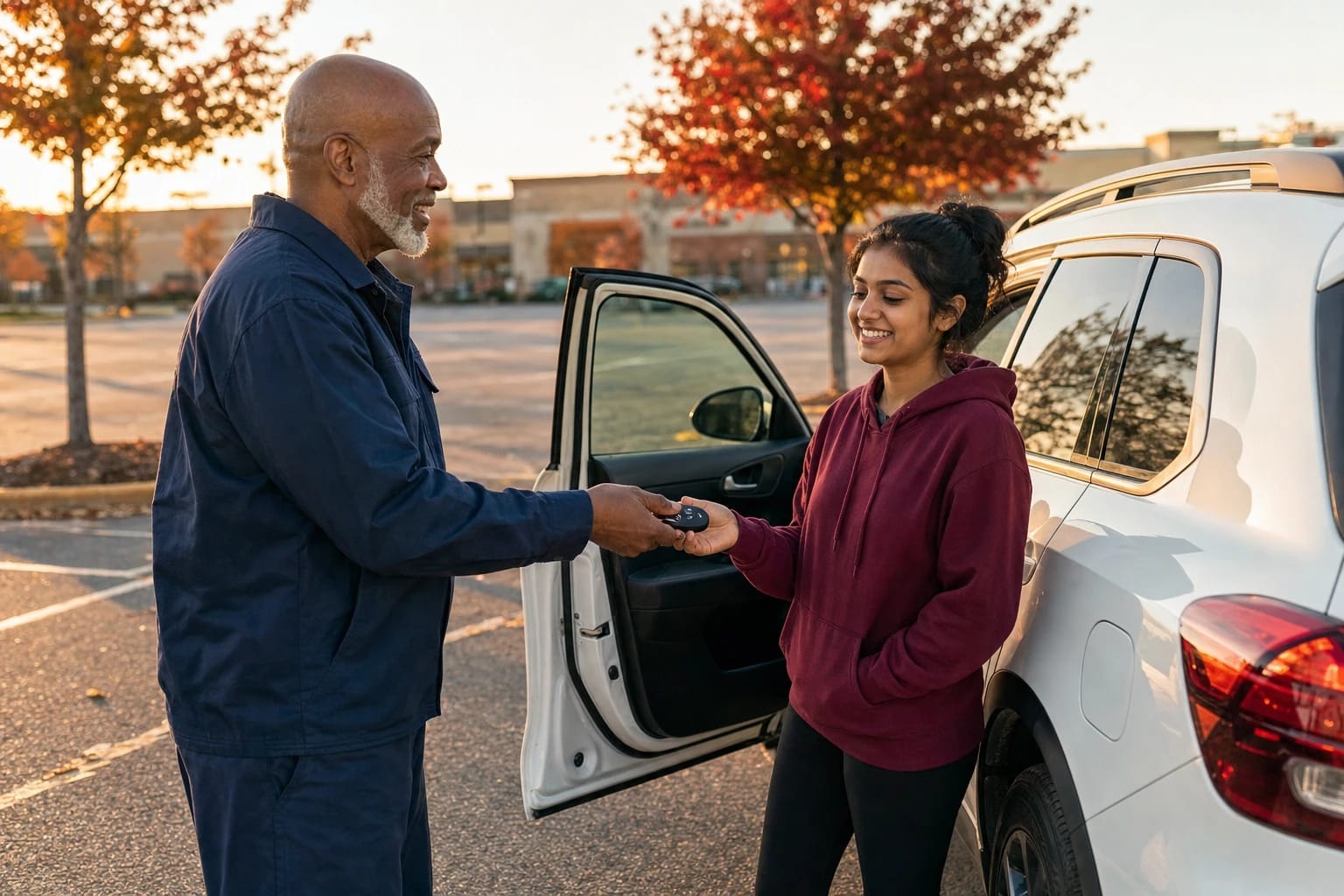 Locksmith hands a key fob to a smiling young woman by her white SUV in a parking lot with autumn trees